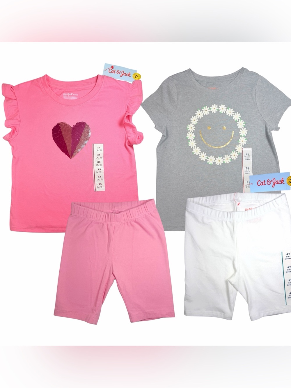 Cat & Jack 4 Pc Girls Outfit Bundle XS 4/5 Tees & Biker Shorts New